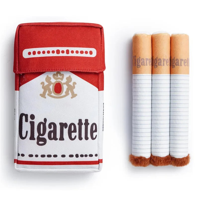 Cheeky Cigarette Plush Dog Toy with a pack design and three plush cigarettes for playful pups