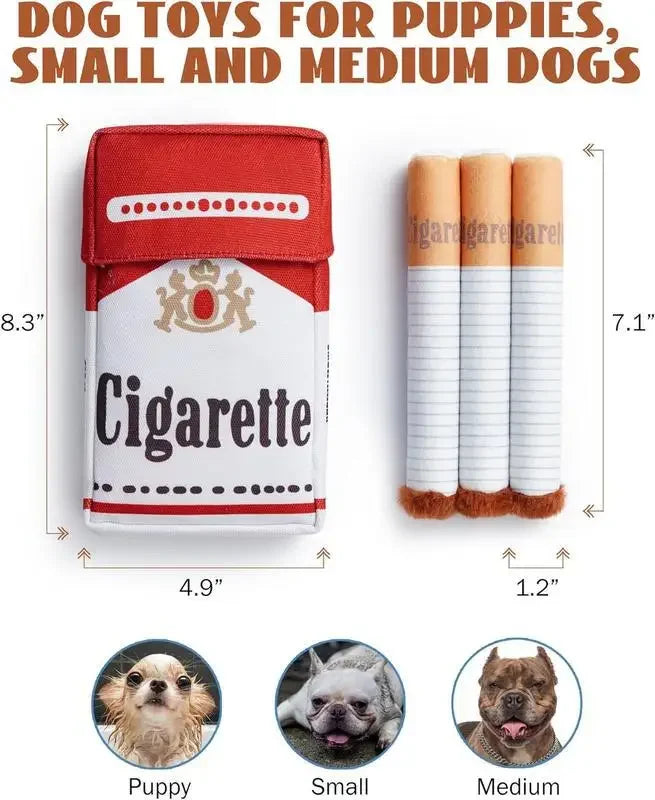 Cheeky Cigarette Plush Dog Toy in packaging, ideal for puppies, small and medium dogs