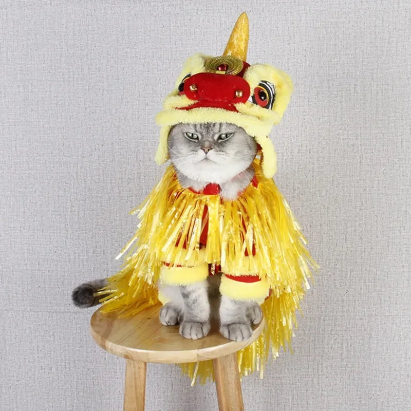 Adorable cat wearing a Chinese dragon dog costume in yellow with shiny details for festive celebrations