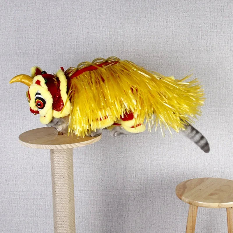 Colorful Chinese dragon dog costume with yellow and red accents for festive pet celebrations