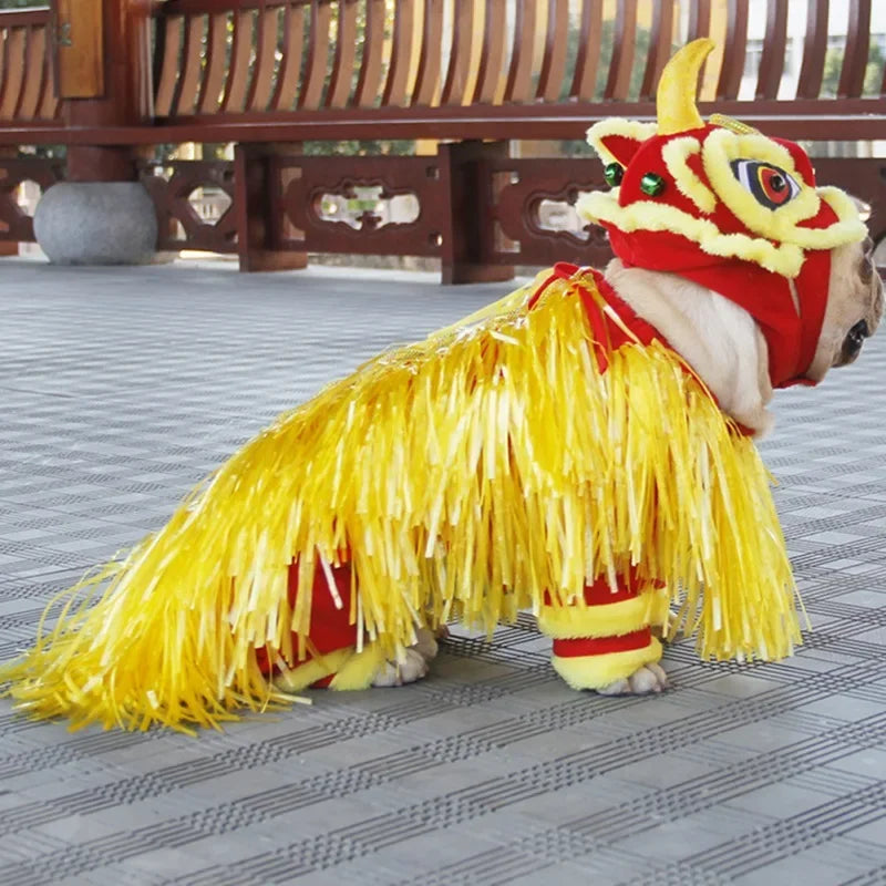 Bright yellow Chinese dragon dog costume with shiny embellishments for festive pet celebrations