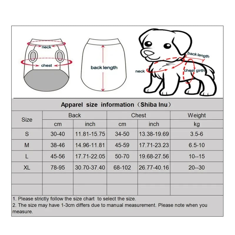 Size chart for Chinese dragon dog costume showing measurements for Shiba Inu breeds