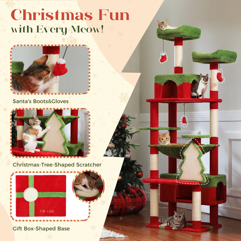 Large cat tree for indoor cats with festive decorations and multiple scratching levels for playful felines