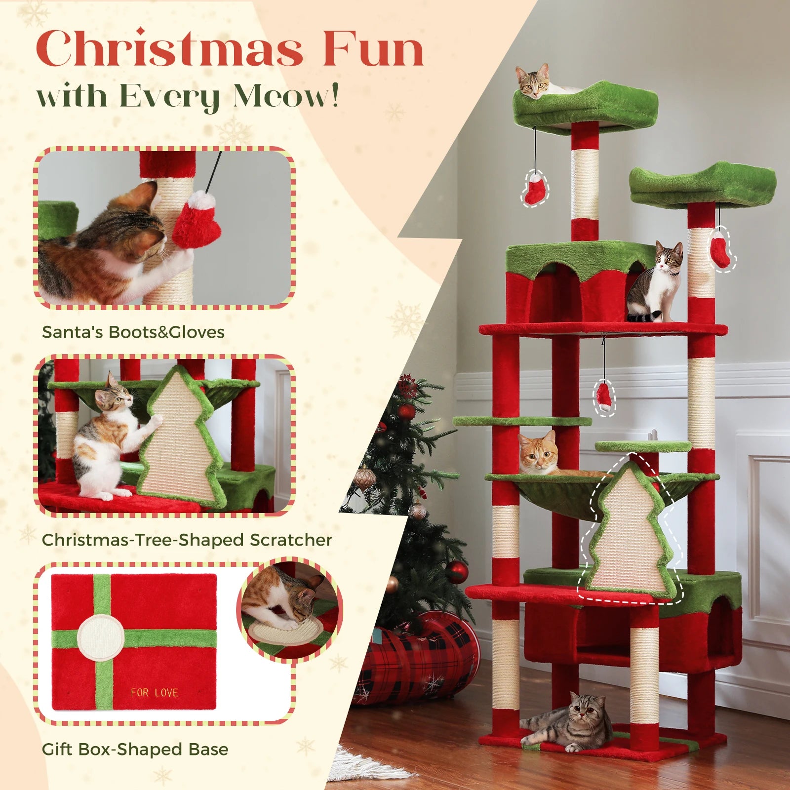 Large cat tree for indoor cats with festive decorations and multiple scratching levels for playful felines