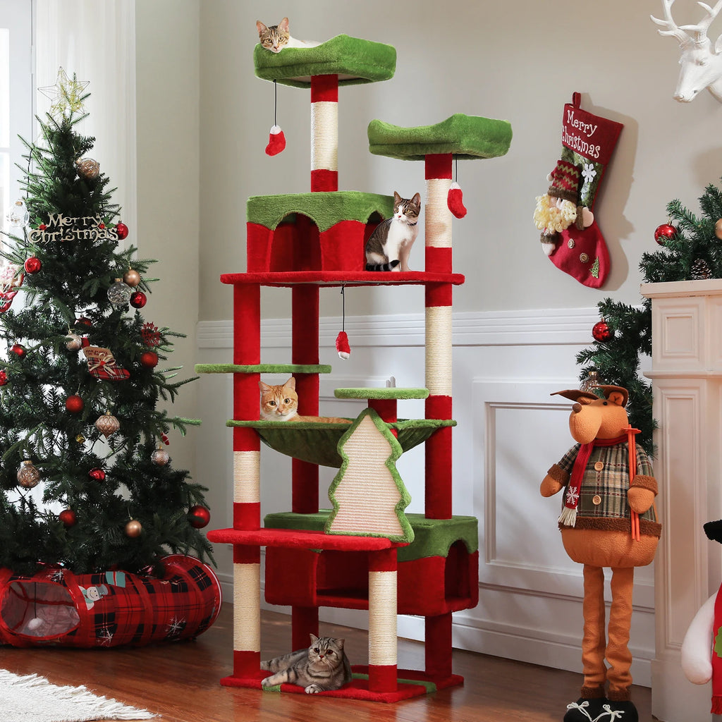 Large cat tree for indoor cats with multiple levels and toys for playful kittens