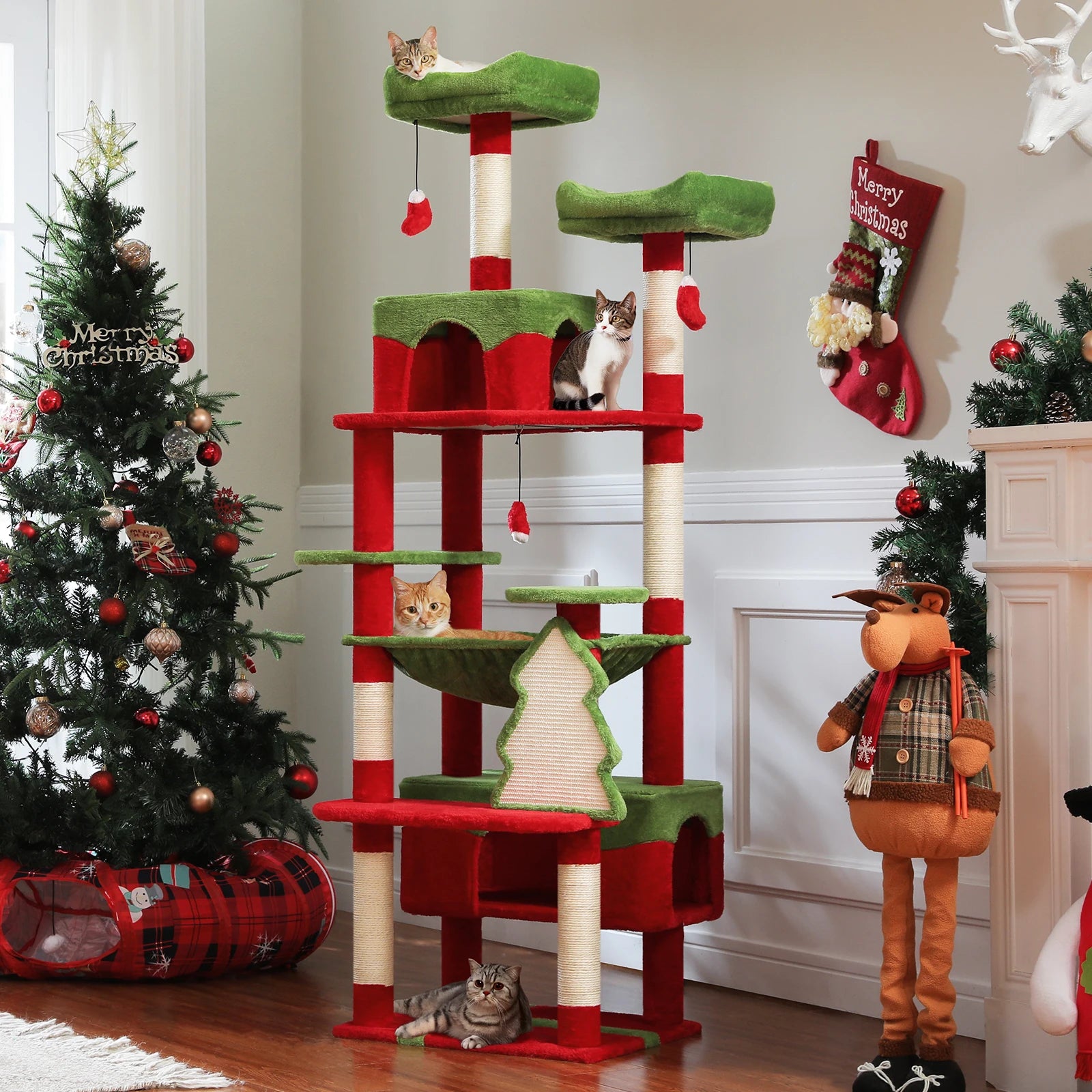Large cat tree for indoor cats with multiple levels and toys for playful kittens
