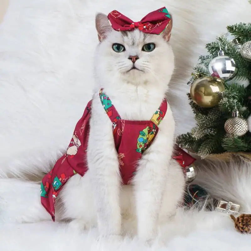 Adorable Christmas pet dress for cats and dogs in festive red with a matching bow, perfect for holiday celebrations