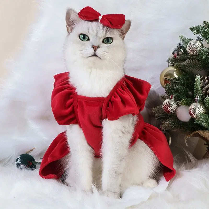Adorable Christmas pet dress for cats and dogs in red with festive bow detail