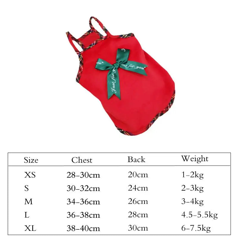 Red Christmas pet dress for cats and dogs featuring a festive bow and plaid accents