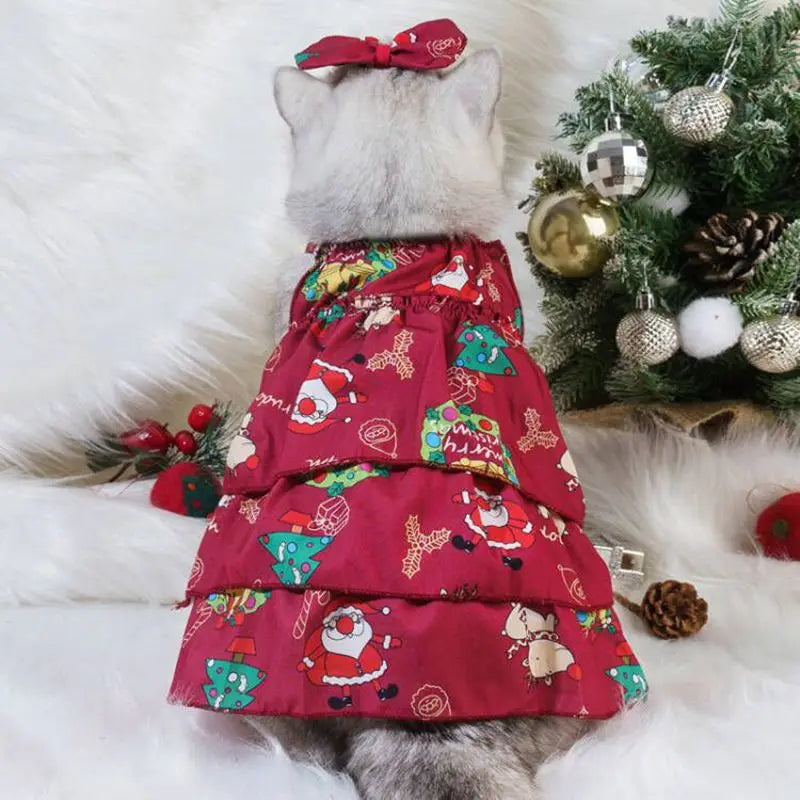 Festive Christmas pet dress for cats and dogs in red with layers and holiday prints