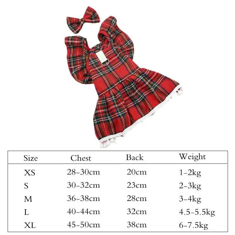 Red plaid Christmas pet dress for cats and dogs with bow detail and ruffled sleeves