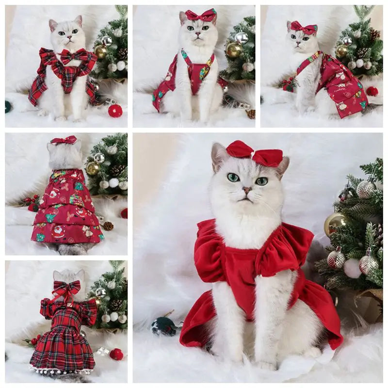 Christmas pet dress for cats and dogs in red and plaid designs with bows and holiday patterns