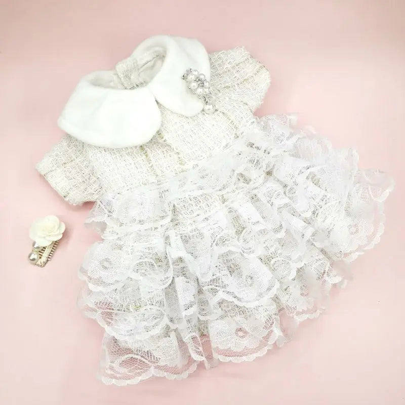 Elegant white Christmas pet dress for cats and dogs with lace ruffle details and soft collar
