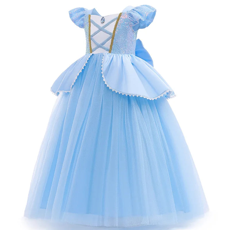 Cinderella princess dress for girls in light blue with lace-up back and puffy sleeves
