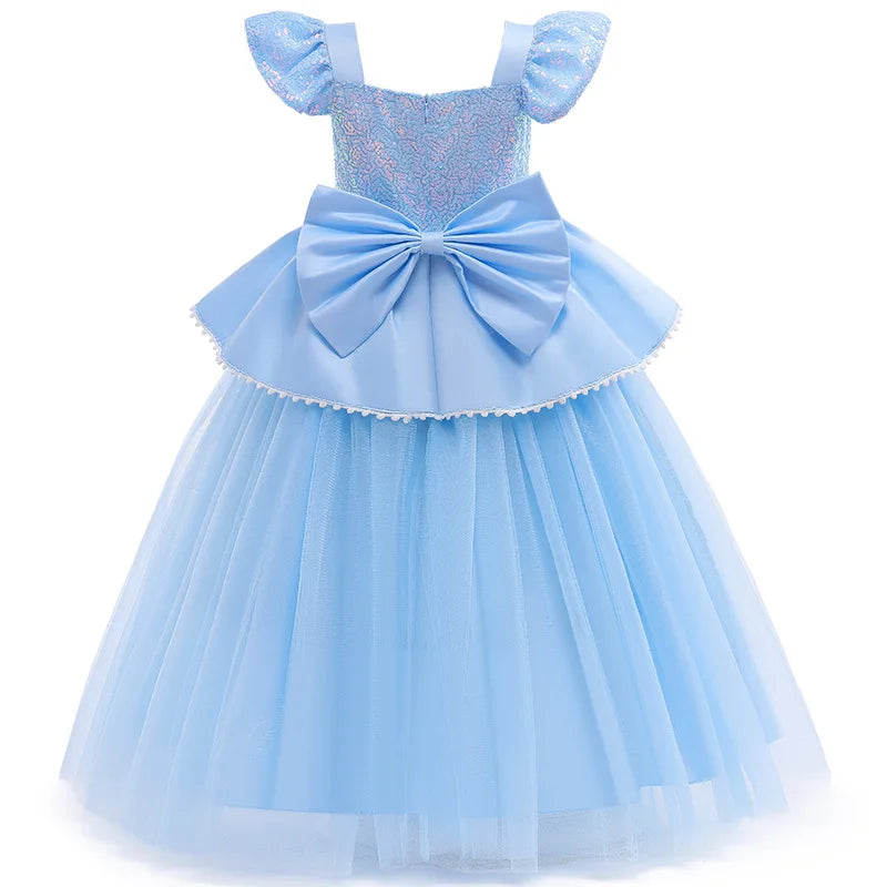 Cinderella princess dress for girls in light blue with a bow and layered tulle skirt