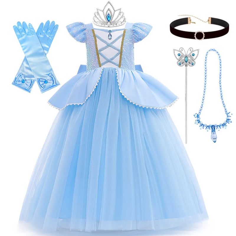 Cinderella princess dress for girls with accessories including gloves, crown, and wand in blue