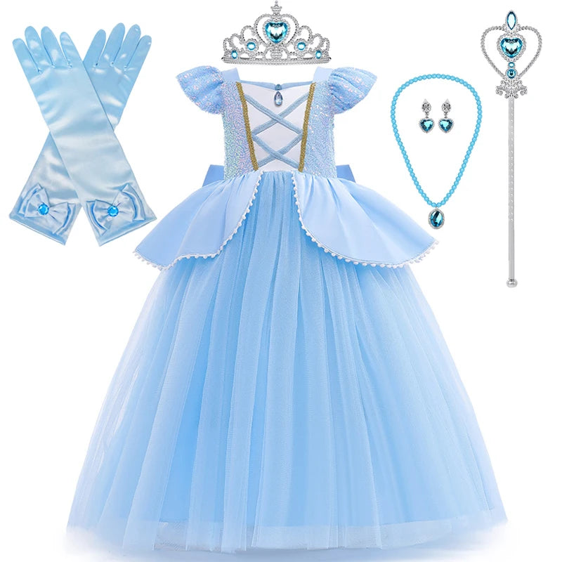 Cinderella princess dress for girls with gloves, necklace, wand, and tiara in light blue color
