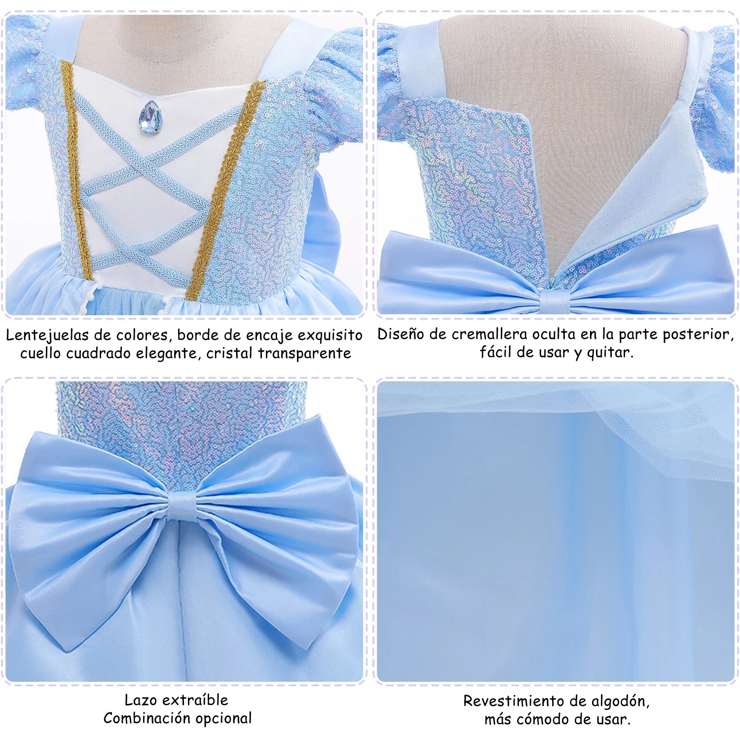 Cinderella princess dress for girls featuring elegant sequins and a beautiful blue bow detail