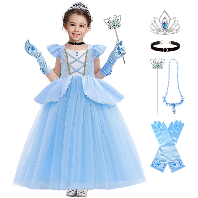 Cinderella princess dress for girls with matching accessories including gloves and tiara