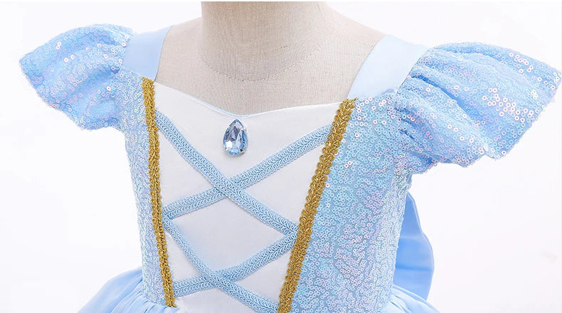 Cinderella princess dress for girls featuring sparkly blue fabric and decorative gem detail