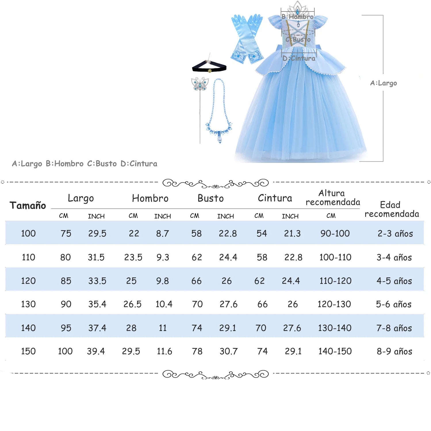 Cinderella princess dress for girls in light blue with matching accessories and size chart included