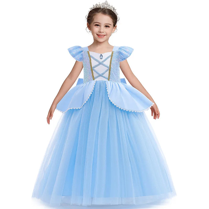 Cinderella princess dress for girls in light blue with ruffled sleeves and a layered skirt