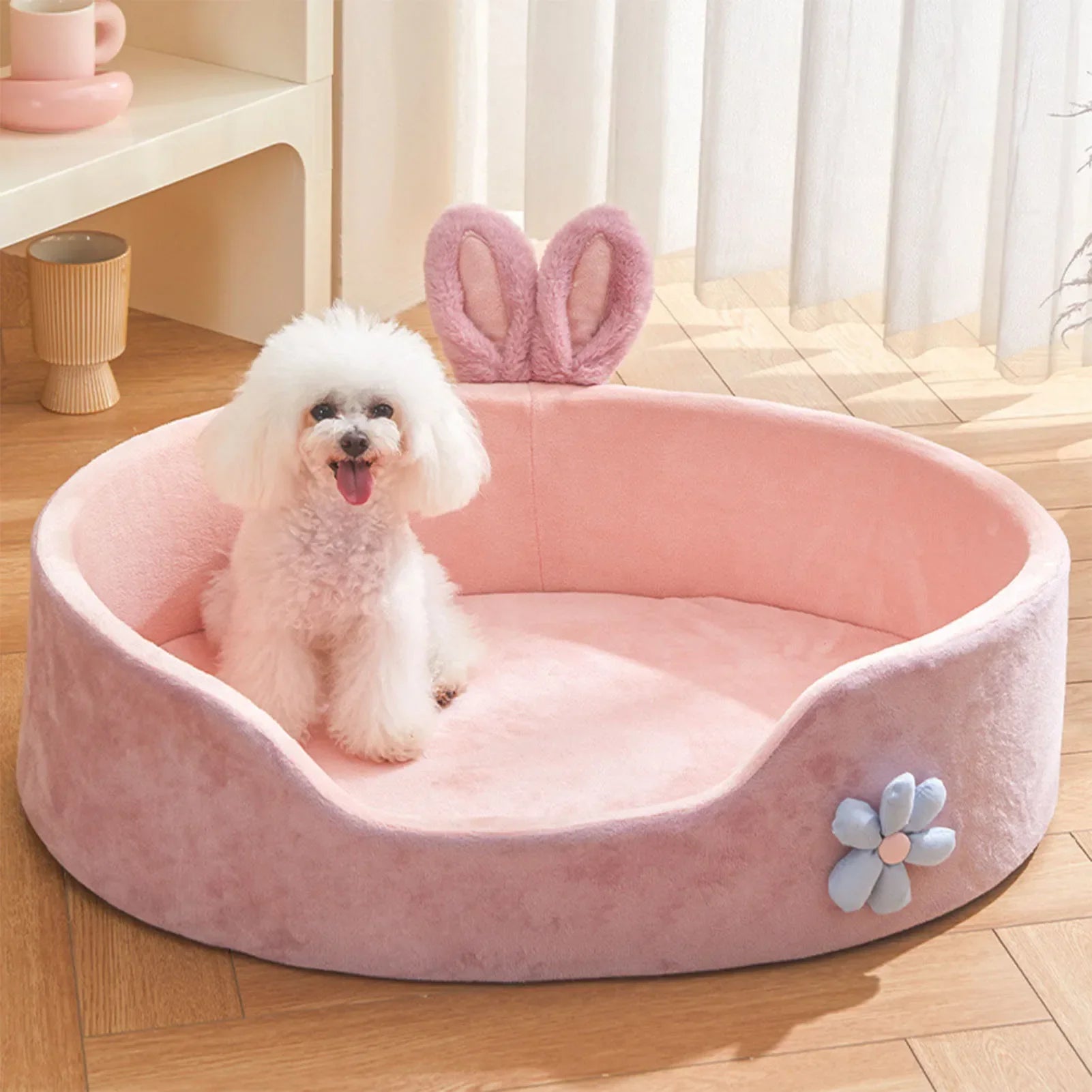 CloudNest Detachable Pet Bed in Pink with Cute Bunny Ears and Floral Accents for Small Dogs