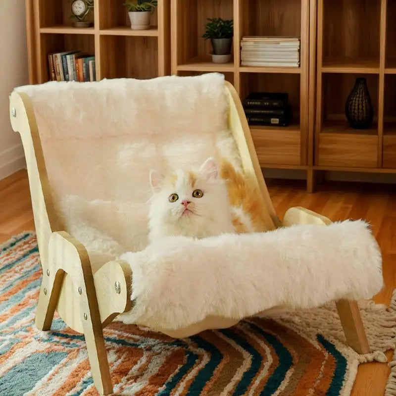 CloudPaw Plush Cat Lounge Chair in Natural Wood Frame with Soft Faux Fur for Cozy Cat Relaxation