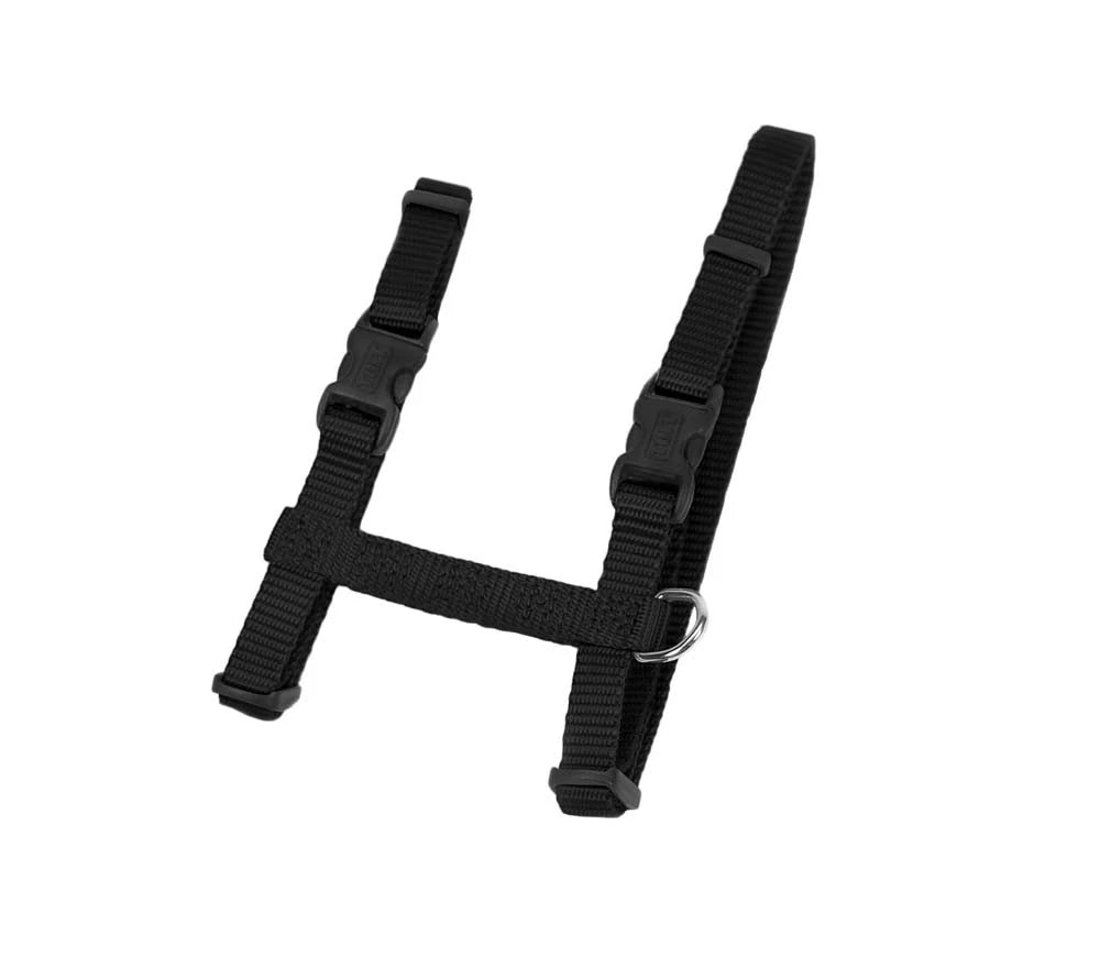 Black adjustable nylon pet harness with quick-release buckles and metal D-ring for leash attachment