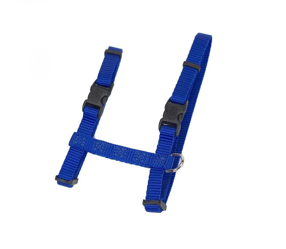 Adjustable blue nylon dog harness with black plastic buckles and metal D-ring for leash attachment