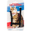 Adjustable black cat harness displayed on packaging with image of a tabby cat wearing a red collar