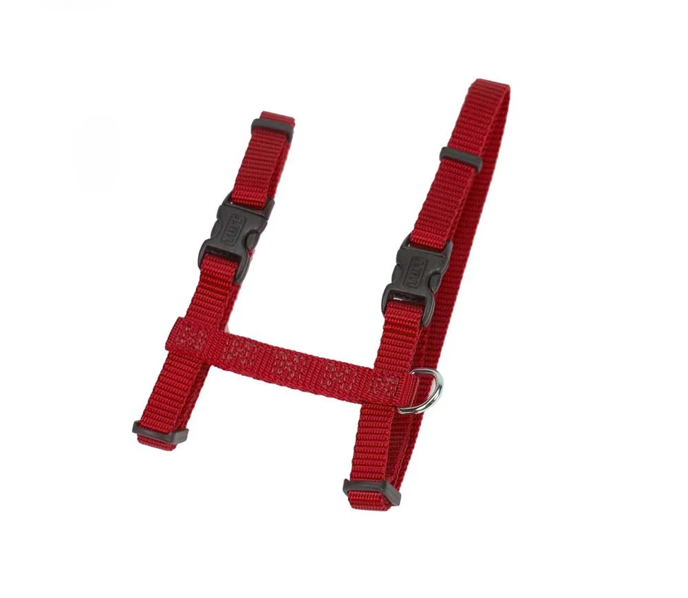 Adjustable red nylon dog harness with black plastic buckles and metal D-ring