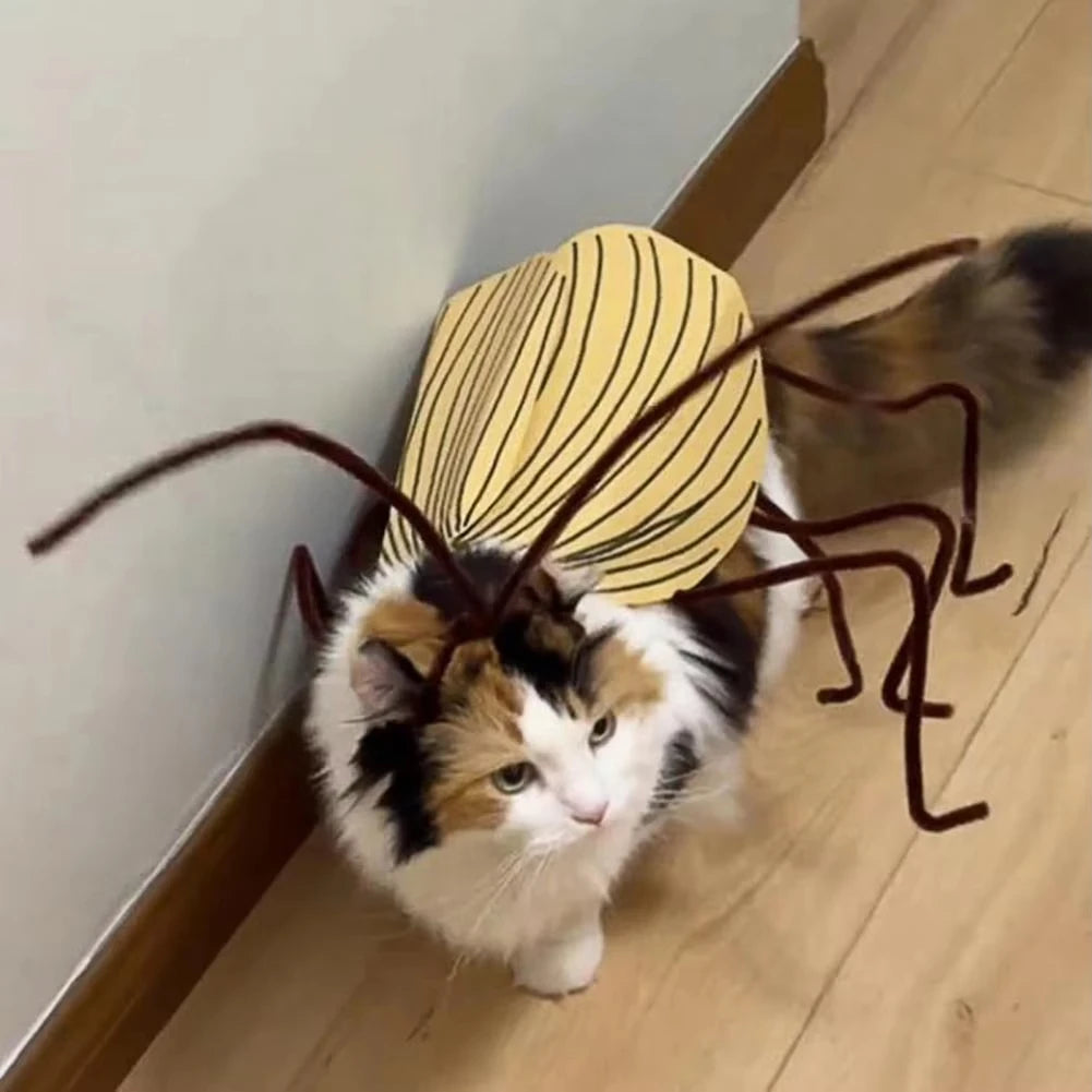 Cockroach costume for cats featuring a brown and yellow design with antennae and wings