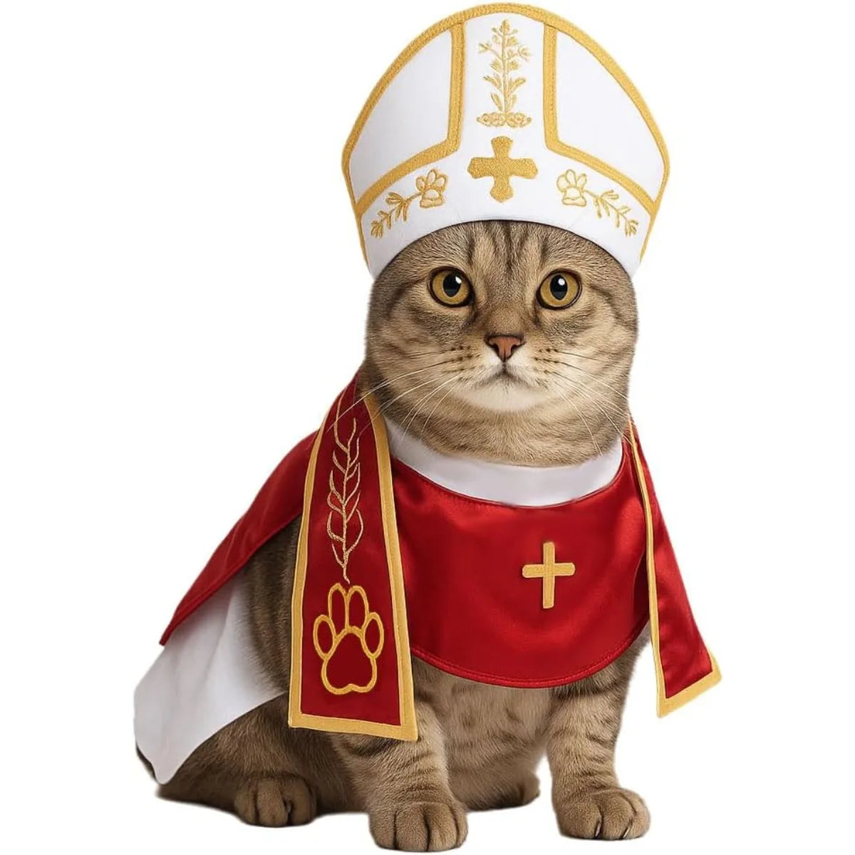 Adorable cat wearing a comfortable pet pope costume with red and white robe and hat