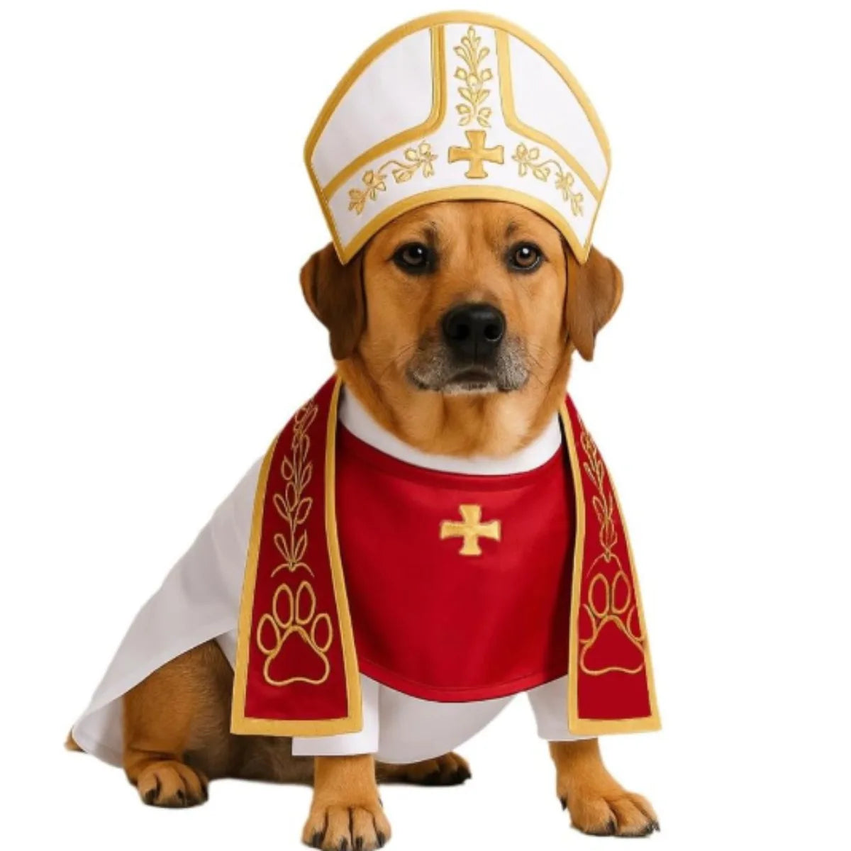 Adorable dog in a comfortable pet pope costume with a white robe and golden details