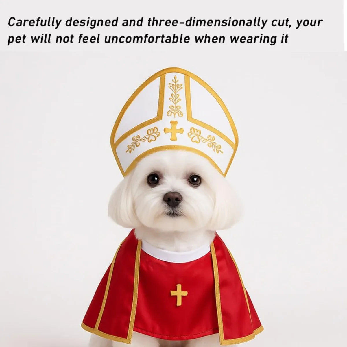 Adorable dog in a comfortable pet pope costume with a red cape and gold detailing