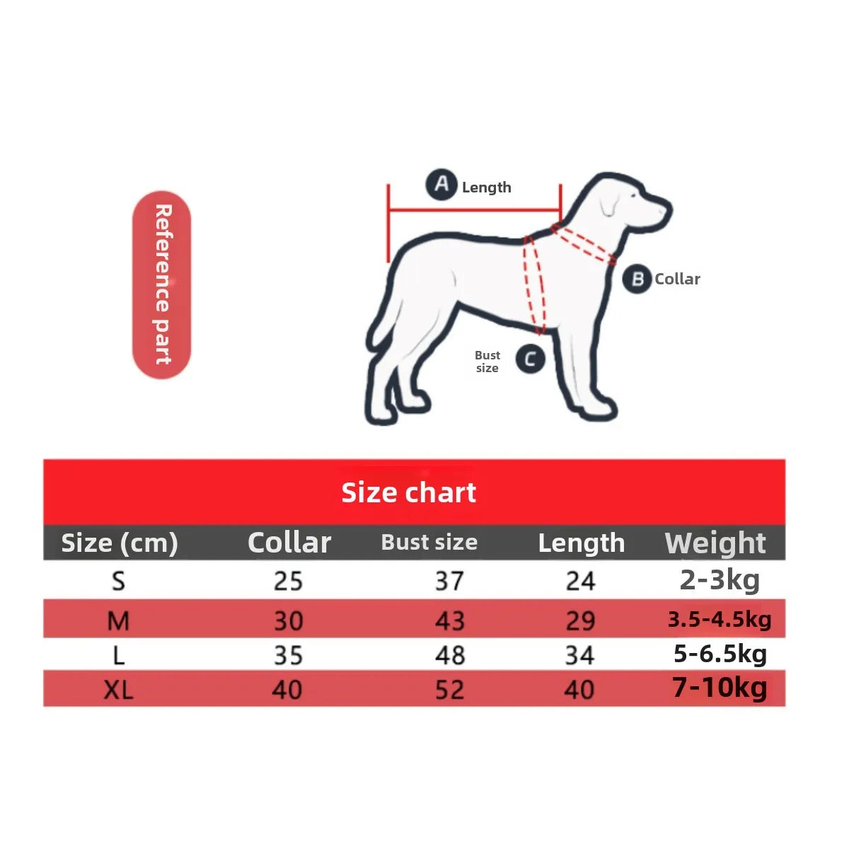 Size chart for comfortable pet pope costume showing measurements for small to XL dogs