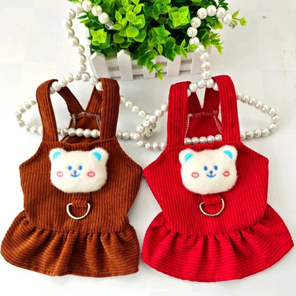 Adorable corduroy dog dress for small dogs in brown and red with cute bear appliques