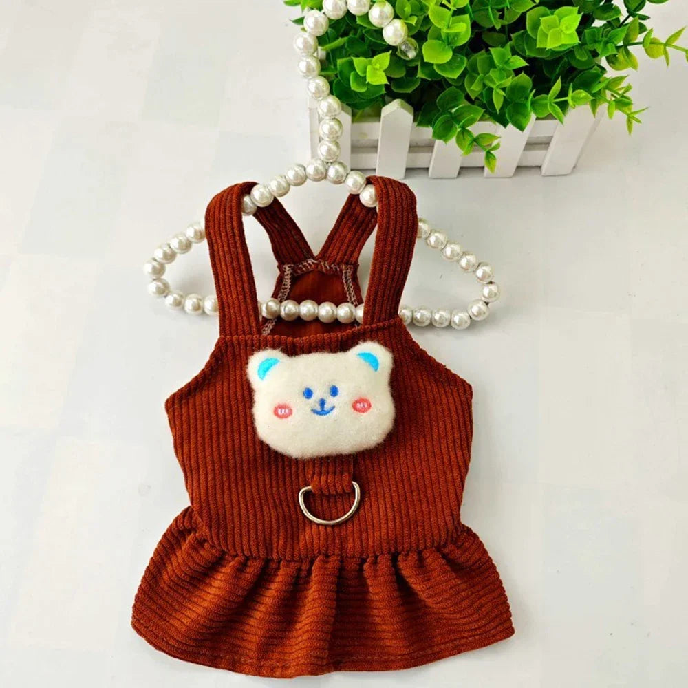 Cute corduroy dog dress for small dogs with bear applique and adjustable straps