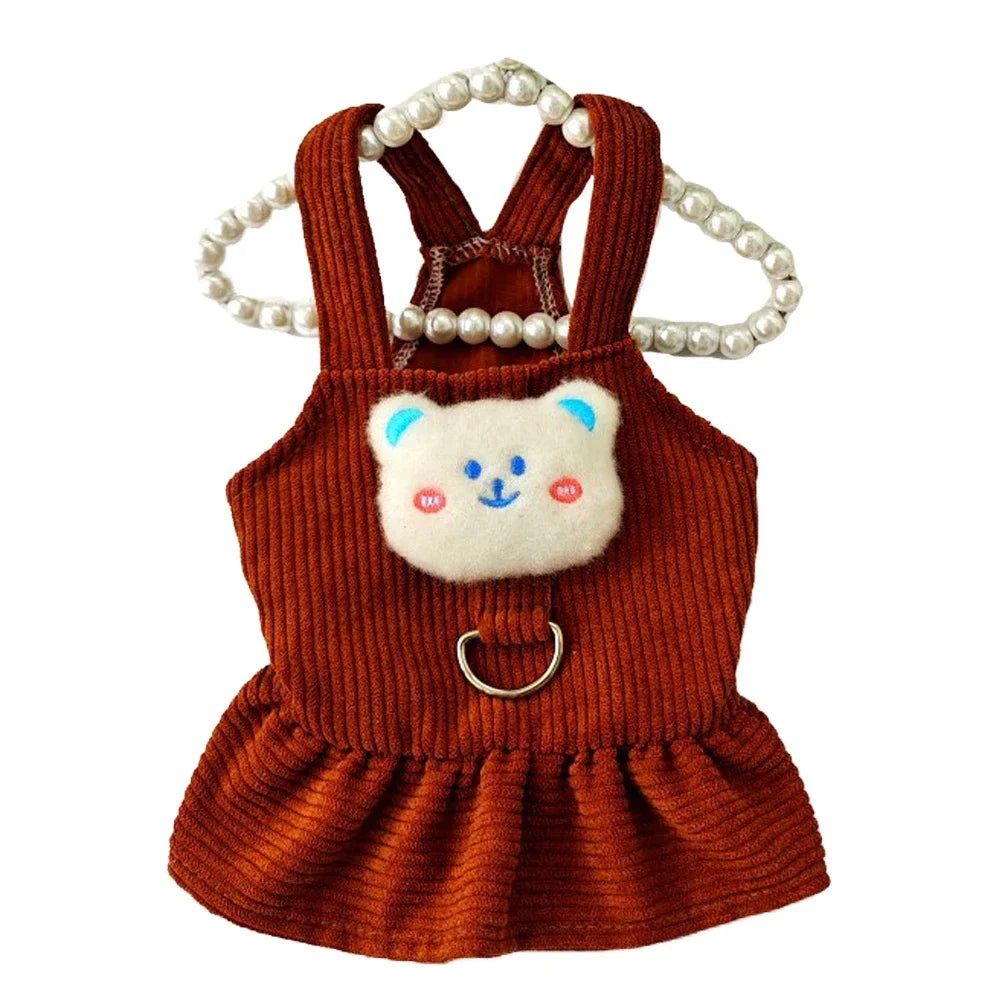 Cute corduroy dog dress for small dogs featuring a bear design and ruffled skirt