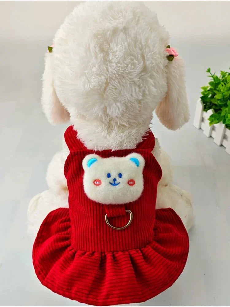 Red corduroy dog dress for small dogs featuring a cute bear design on the back
