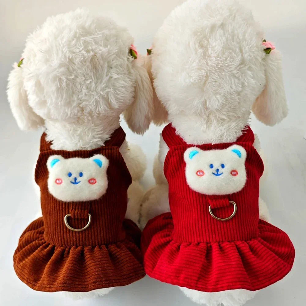 Adorable corduroy dog dress for small dogs in brown and red with cute bear patches