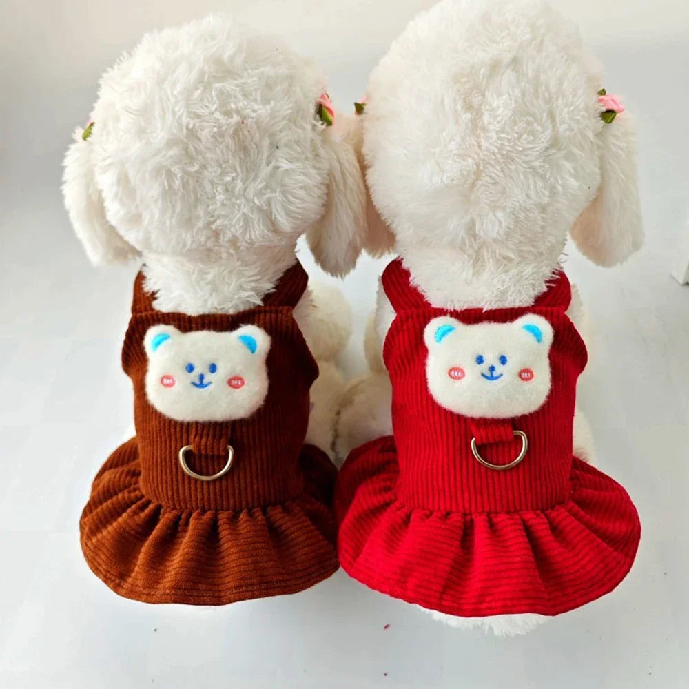 Brown and red corduroy dog dress for small dogs with adorable bear patches
