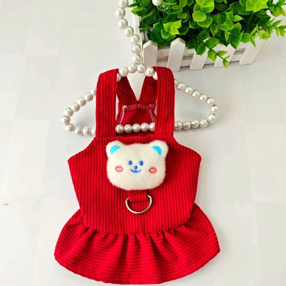 Red corduroy dog dress for small dogs with teddy bear design and harness hole