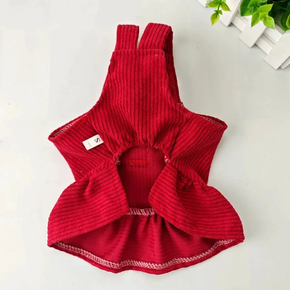 Red corduroy dog dress for small dogs with stylish ruffle detail and adjustable straps