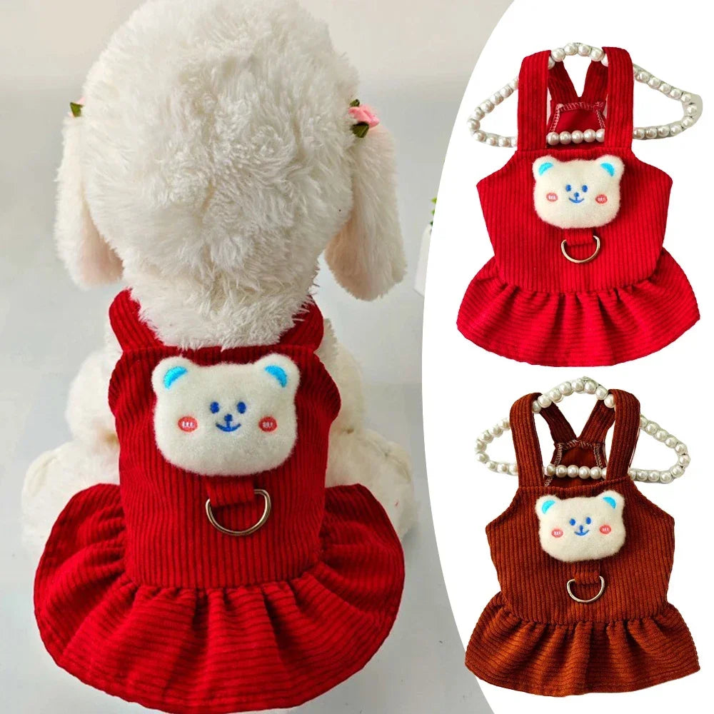 Adorable corduroy dog dress for small dogs with a cute bear design and flared skirt