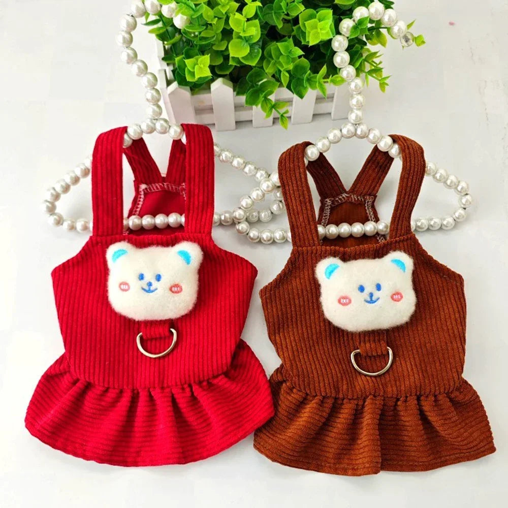 Corduroy dog dress for small dogs available in red and brown with cute bear design