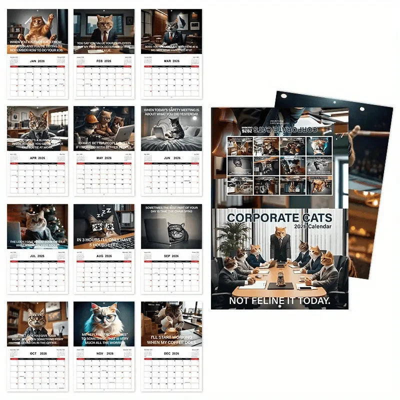 Corporate cats wall calendar featuring humorous cat images for every month of 2023