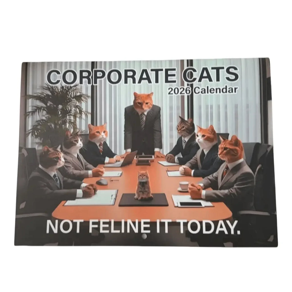 Corporate Cats Wall Calendar featuring cats in business suits for 2026 with humorous office theme