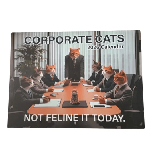 Corporate Cats Wall Calendar featuring cats in business attire at a boardroom table